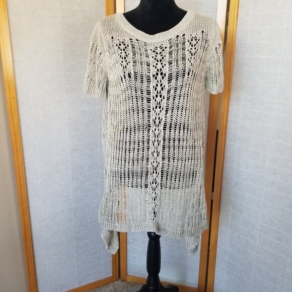 Sundance 100% Linen Crochet Top Size Medium Beige Short Sleeve Boho Festival - Picture 5 of 9